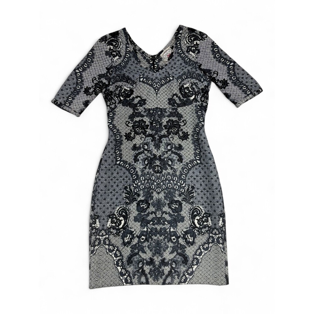 Baraschi Gray Black Damask Bodycon Mini Dress Sz 2